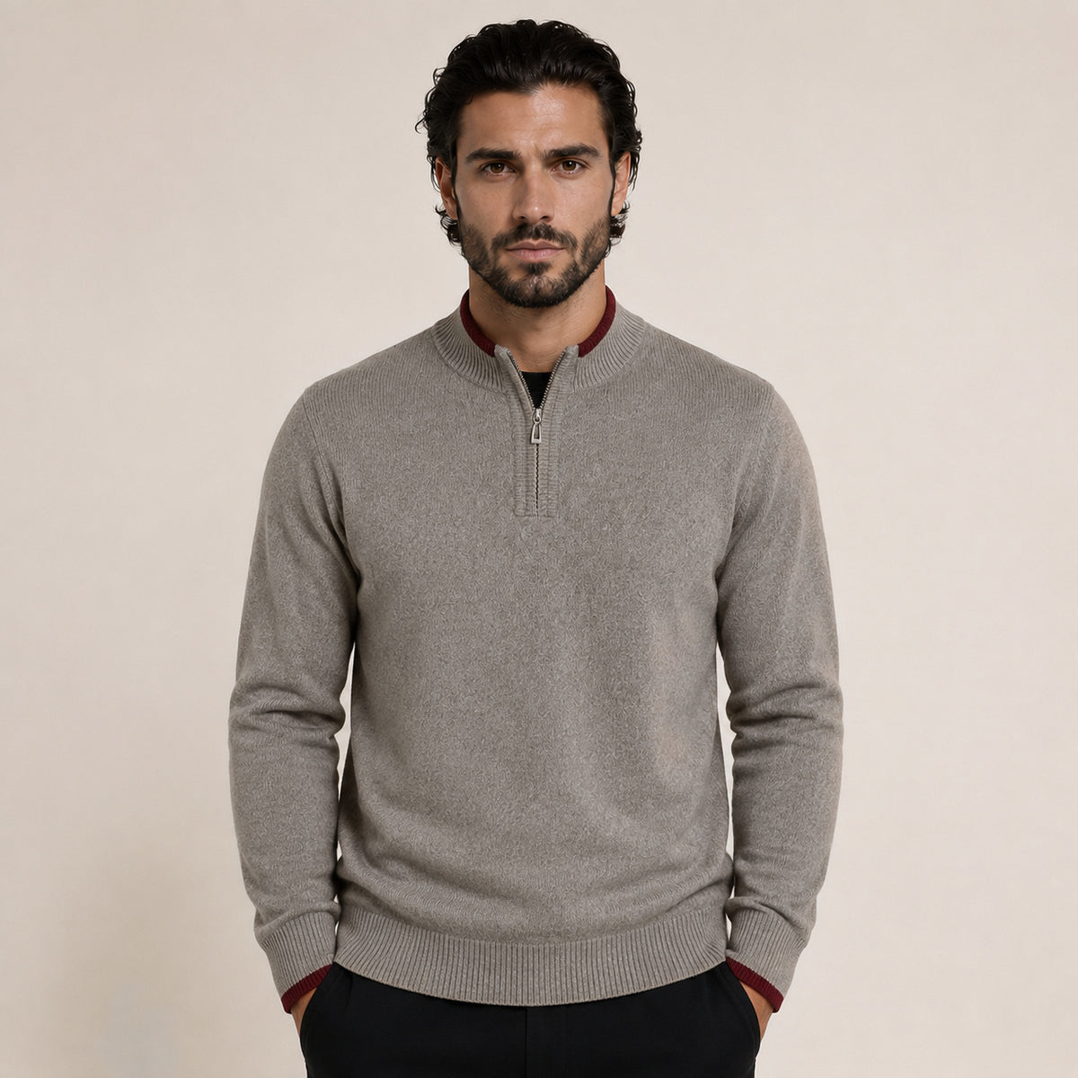 Contrast Quarter-Zip Wool Sweater – Taupe & Red