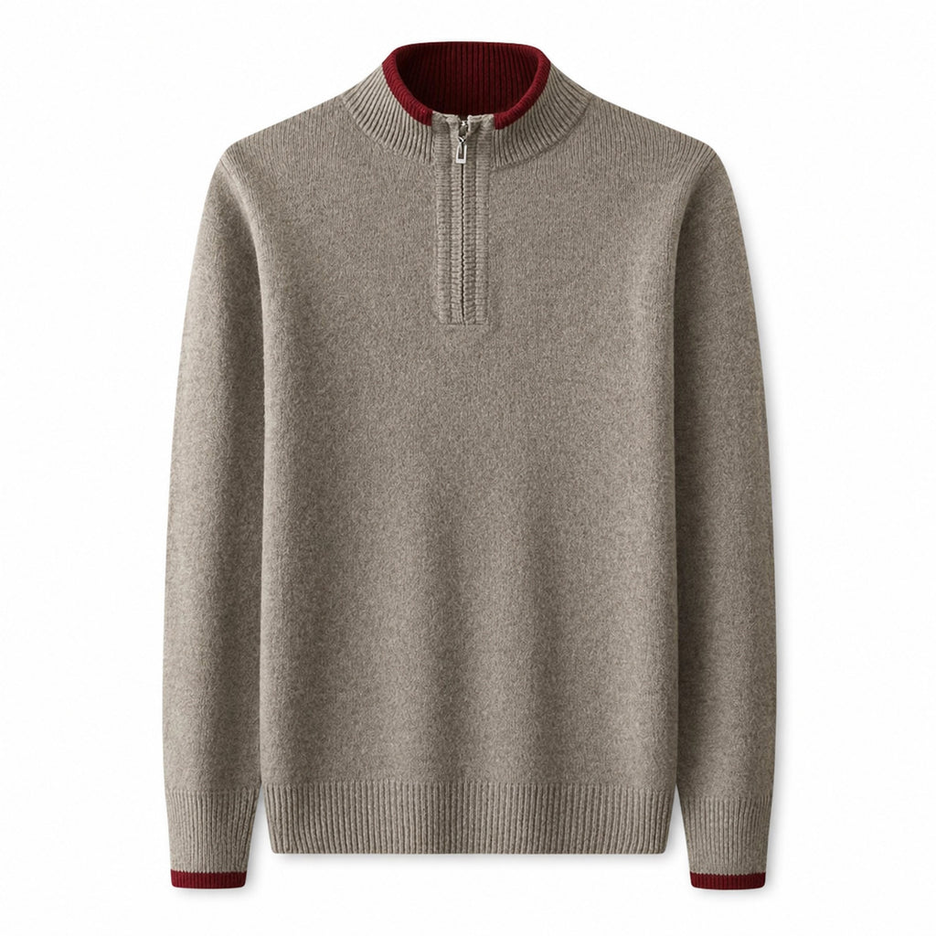 Contrast Quarter-Zip Wool Sweater – Taupe & Red