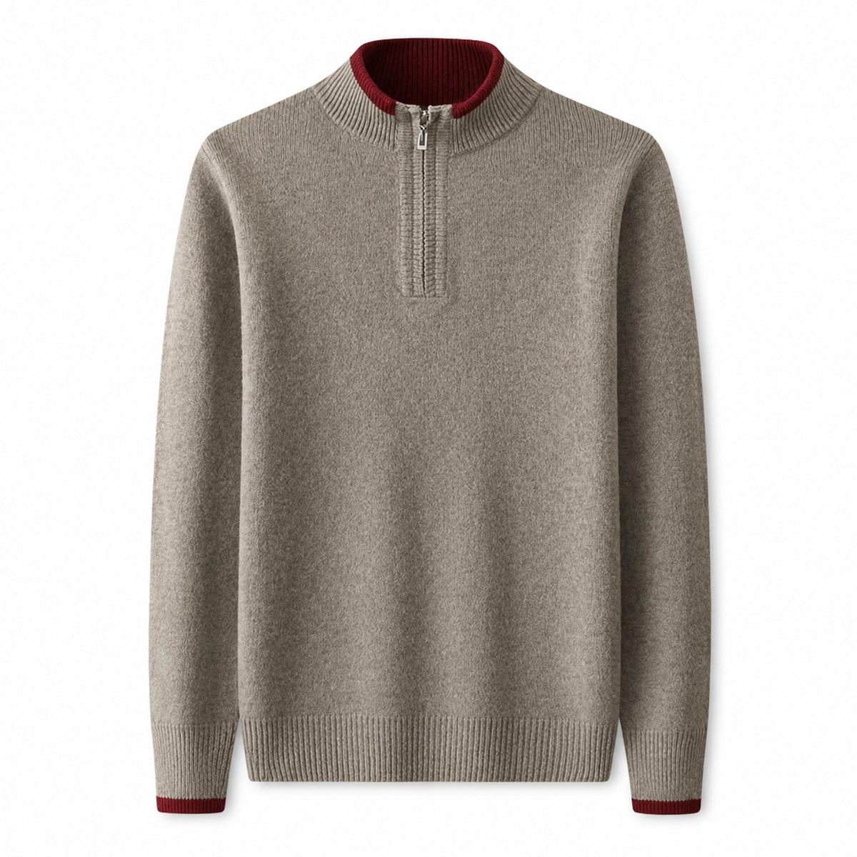 Contrast Quarter-Zip Wool Sweater – Taupe & Red