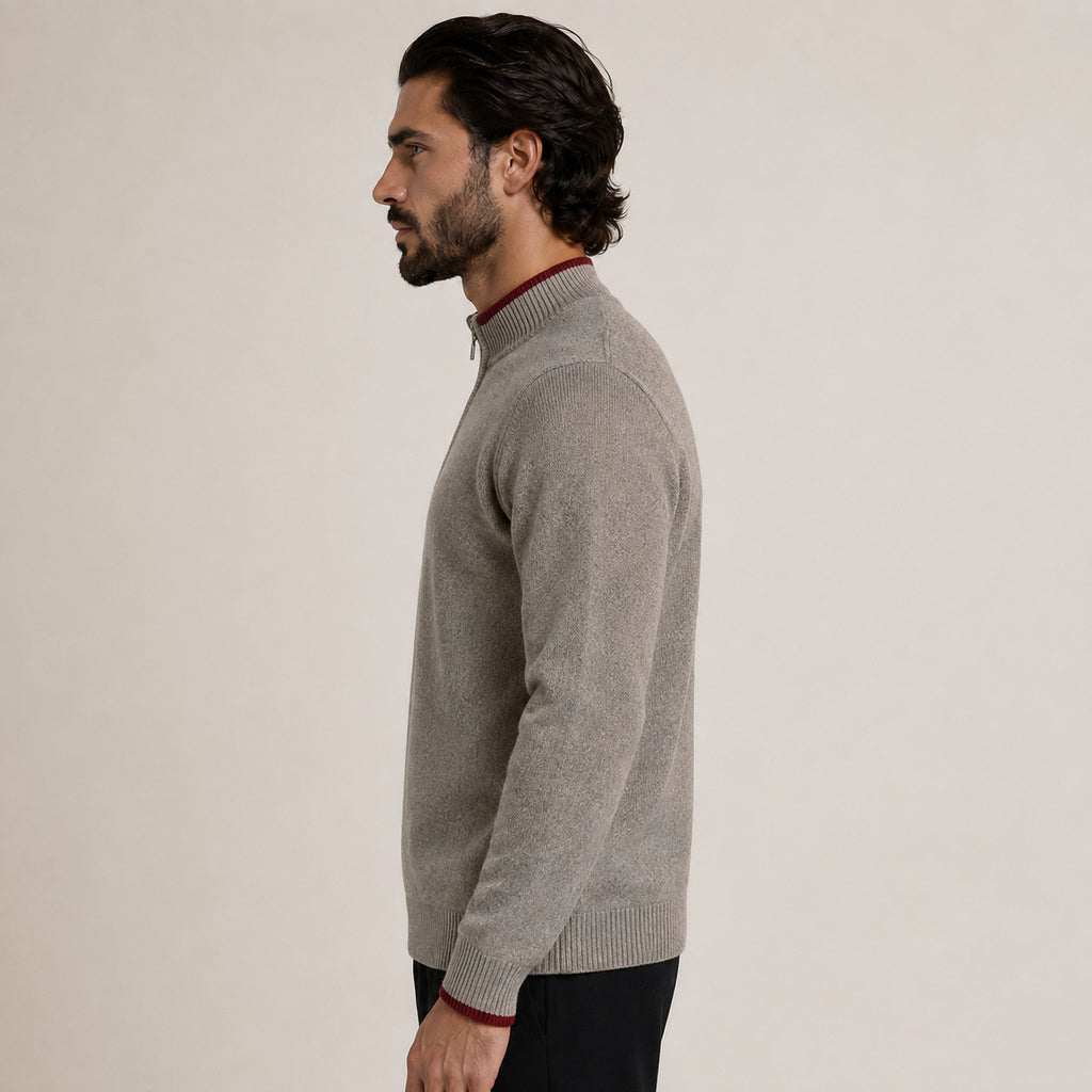 Contrast Quarter-Zip Wool Sweater – Taupe & Red
