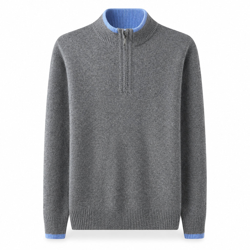 Contrast Quarter-Zip Wool Sweater – Grey & Blue
