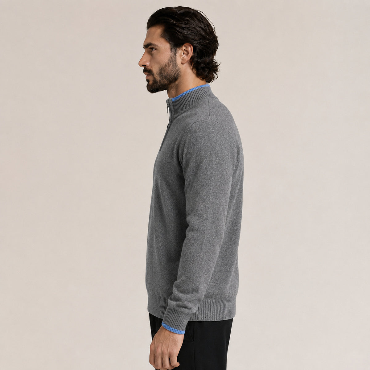 Contrast Quarter-Zip Wool Sweater – Grey & Blue