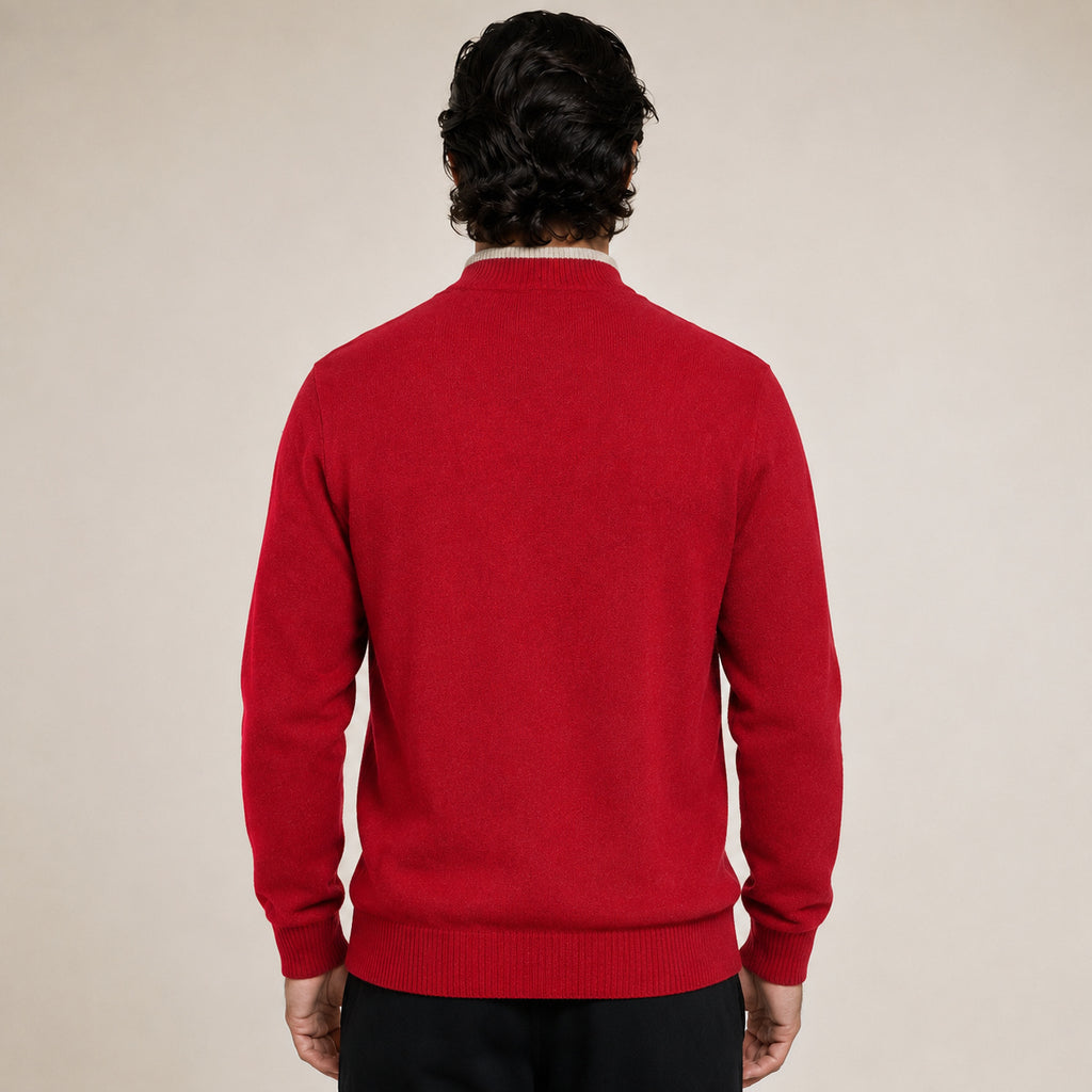 Contrast Quarter-Zip Wool Sweater – Red & Beige
