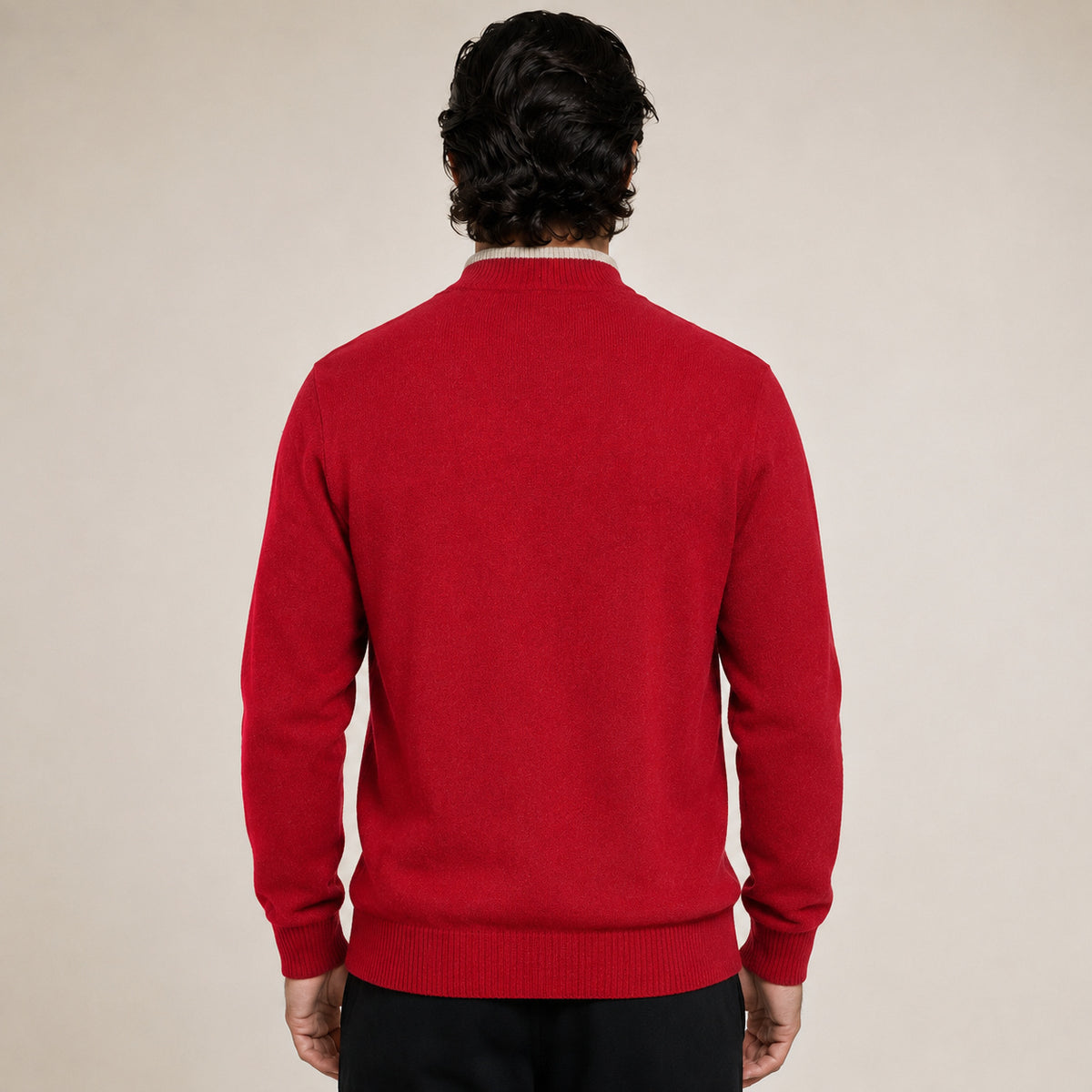 Contrast Quarter-Zip Wool Sweater – Red & Beige