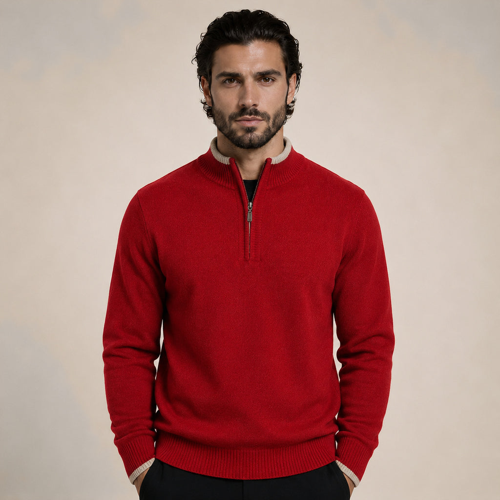 Contrast Quarter-Zip Wool Sweater – Red & Beige