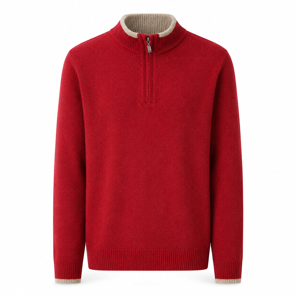 Contrast Quarter-Zip Wool Sweater – Red & Beige