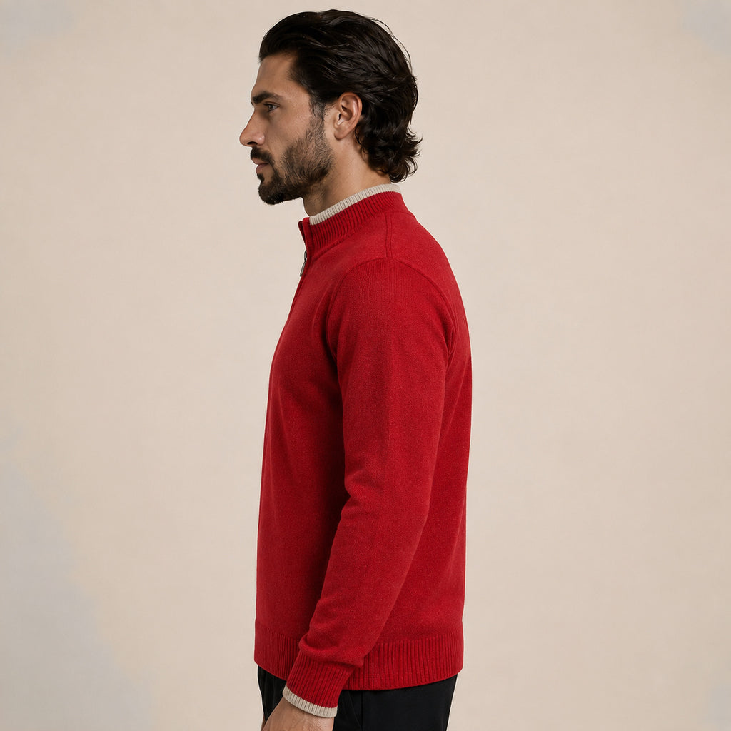 Contrast Quarter-Zip Wool Sweater – Red & Beige