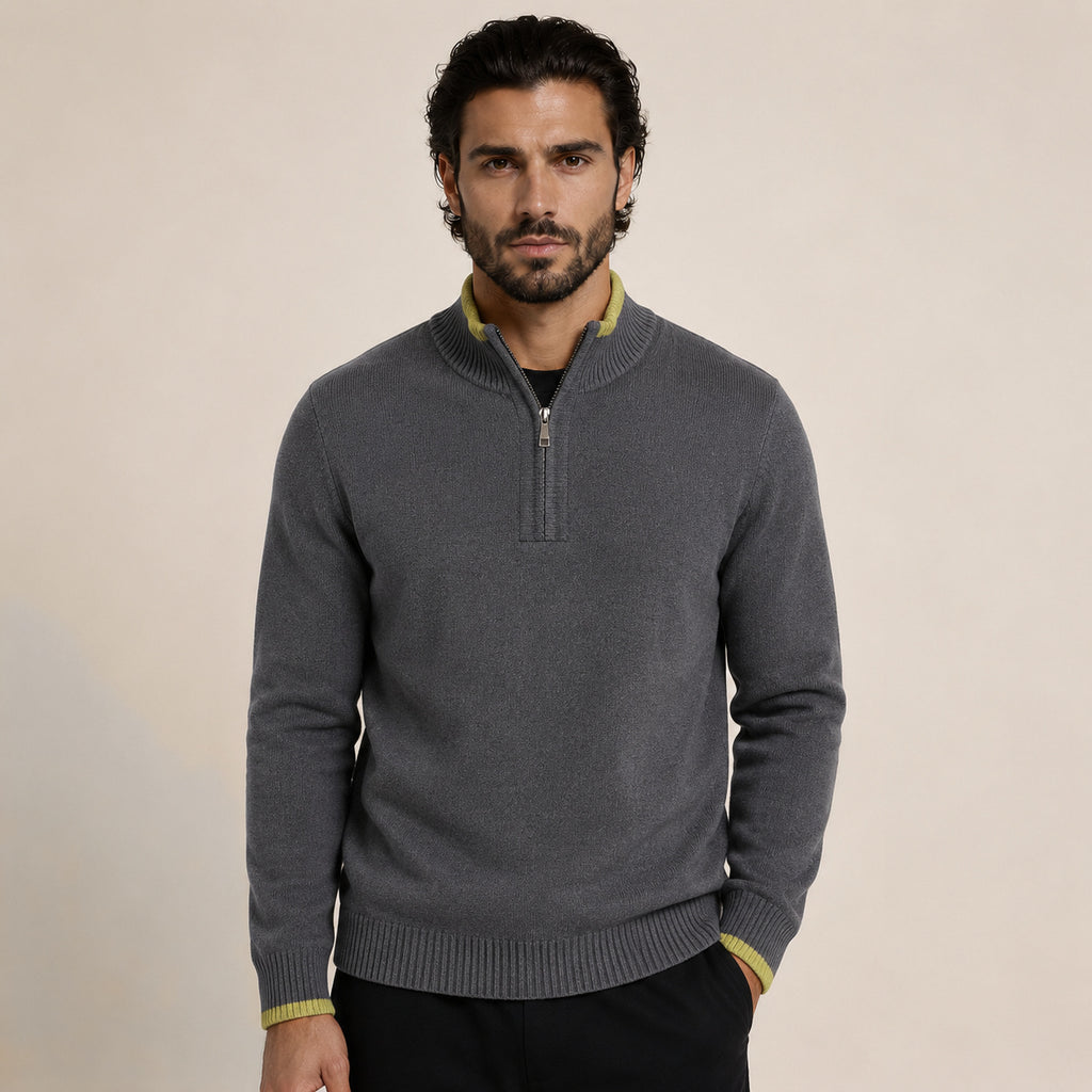 Contrast Quarter-Zip Wool Sweater – Charcoal & Lime