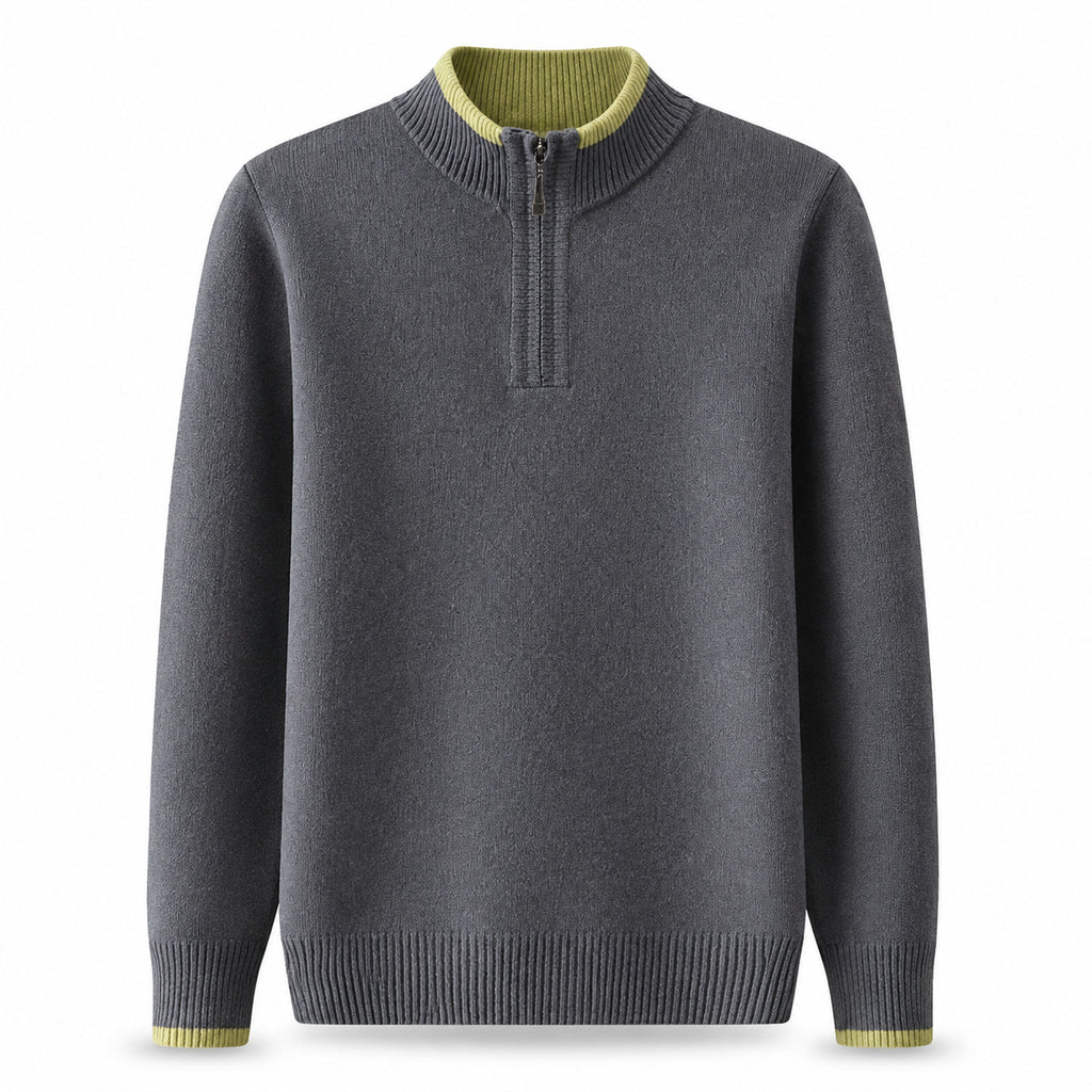 Contrast Quarter-Zip Wool Sweater – Charcoal & Lime