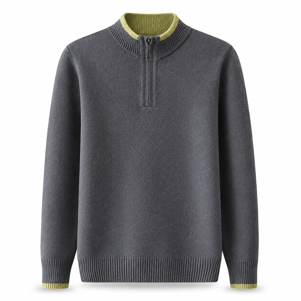 Contrast Quarter-Zip Wool Sweater – Charcoal & Lime