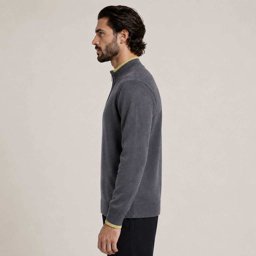 Contrast Quarter-Zip Wool Sweater – Charcoal & Lime