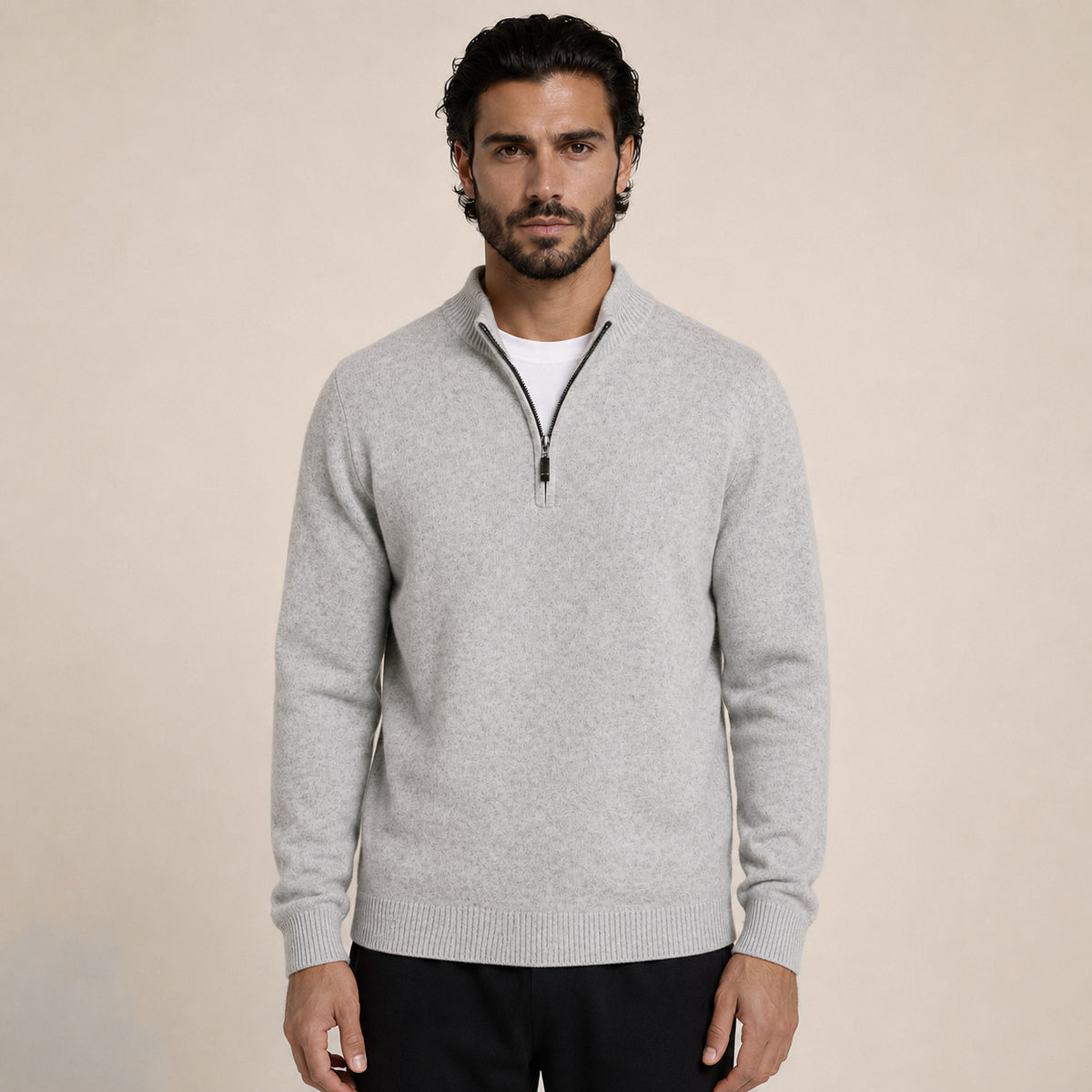 Quarter-Zip Wool Sweater – Light Grey