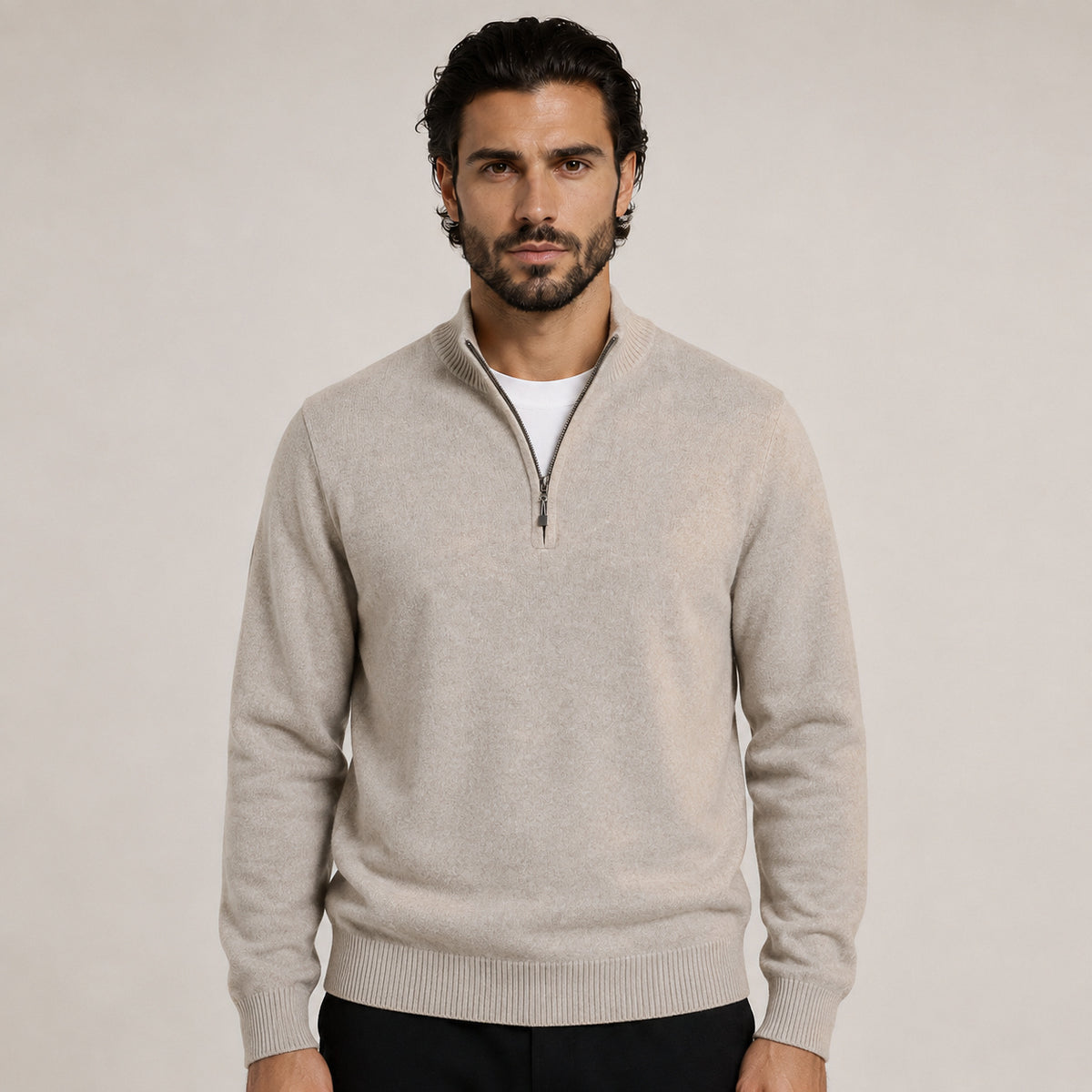 Quarter-Zip Wool Sweater – Beige
