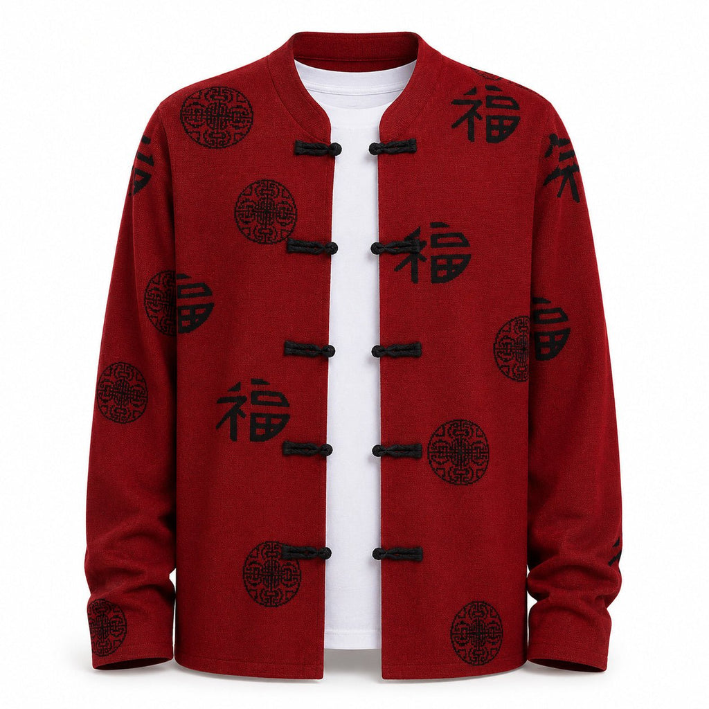 Patterned Frog-Button Wool Cardigan – Red & Black - ELORO