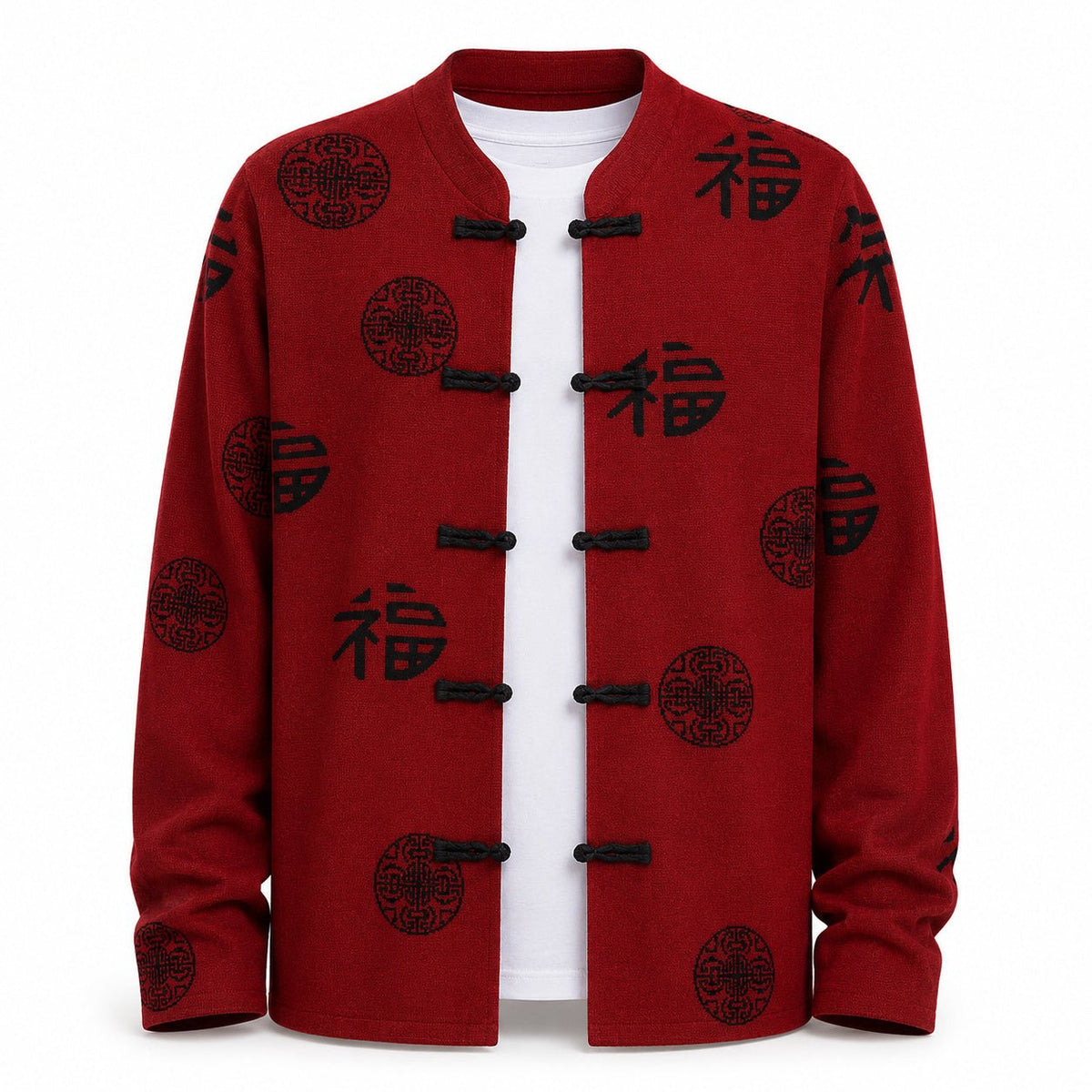 Patterned Frog-Button Wool Cardigan – Red & Black - ELORO