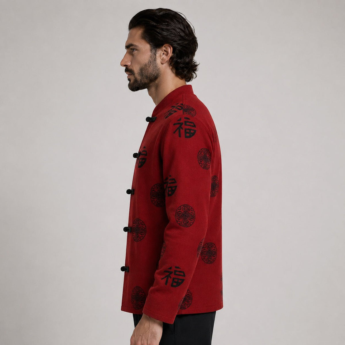 Patterned Frog-Button Wool Cardigan – Red & Black - ELORO