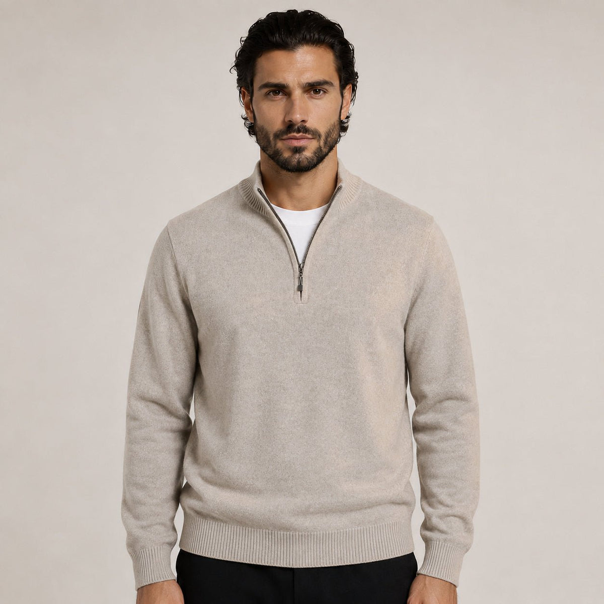Quarter-Zip Wool Sweater – Beige - ELORO