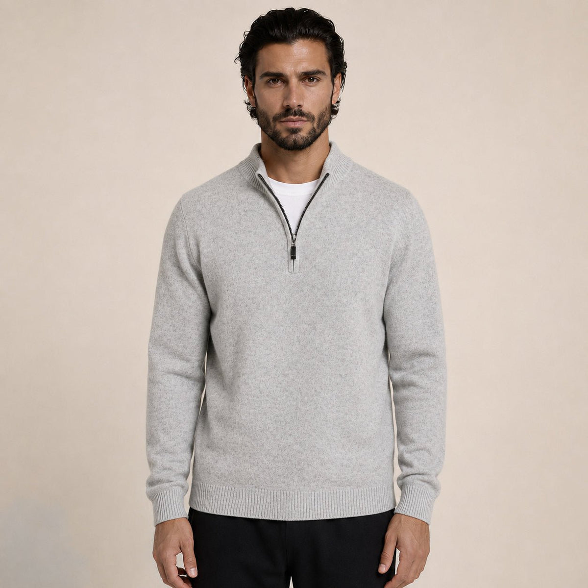 Quarter-Zip Wool Sweater – Light Grey - ELORO