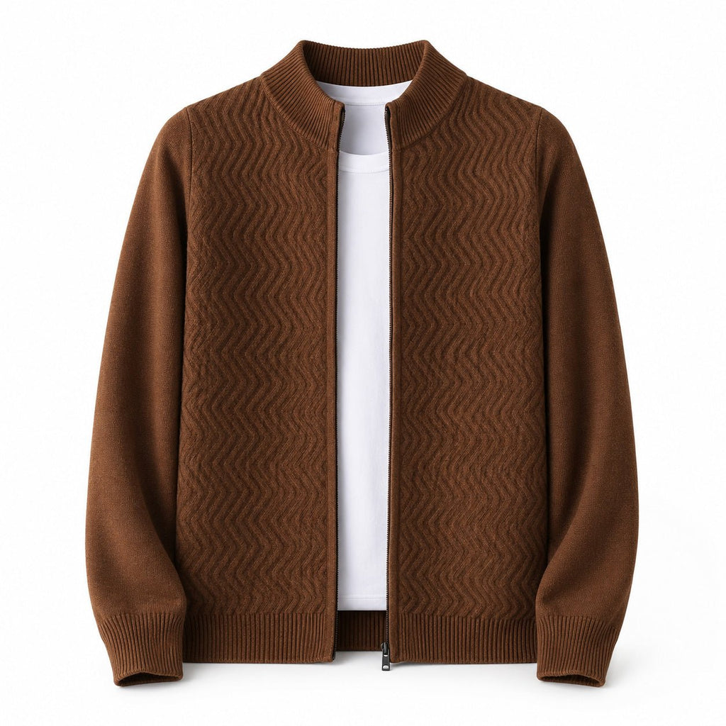 Textured Zip Wool Cardigan – Brown - ELORO