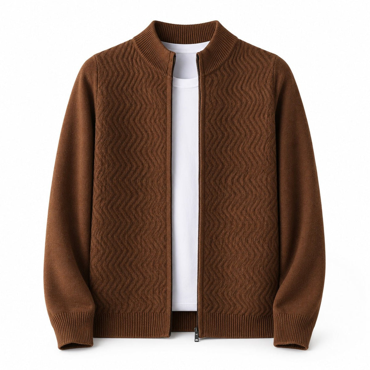 Textured Zip Wool Cardigan – Brown - ELORO
