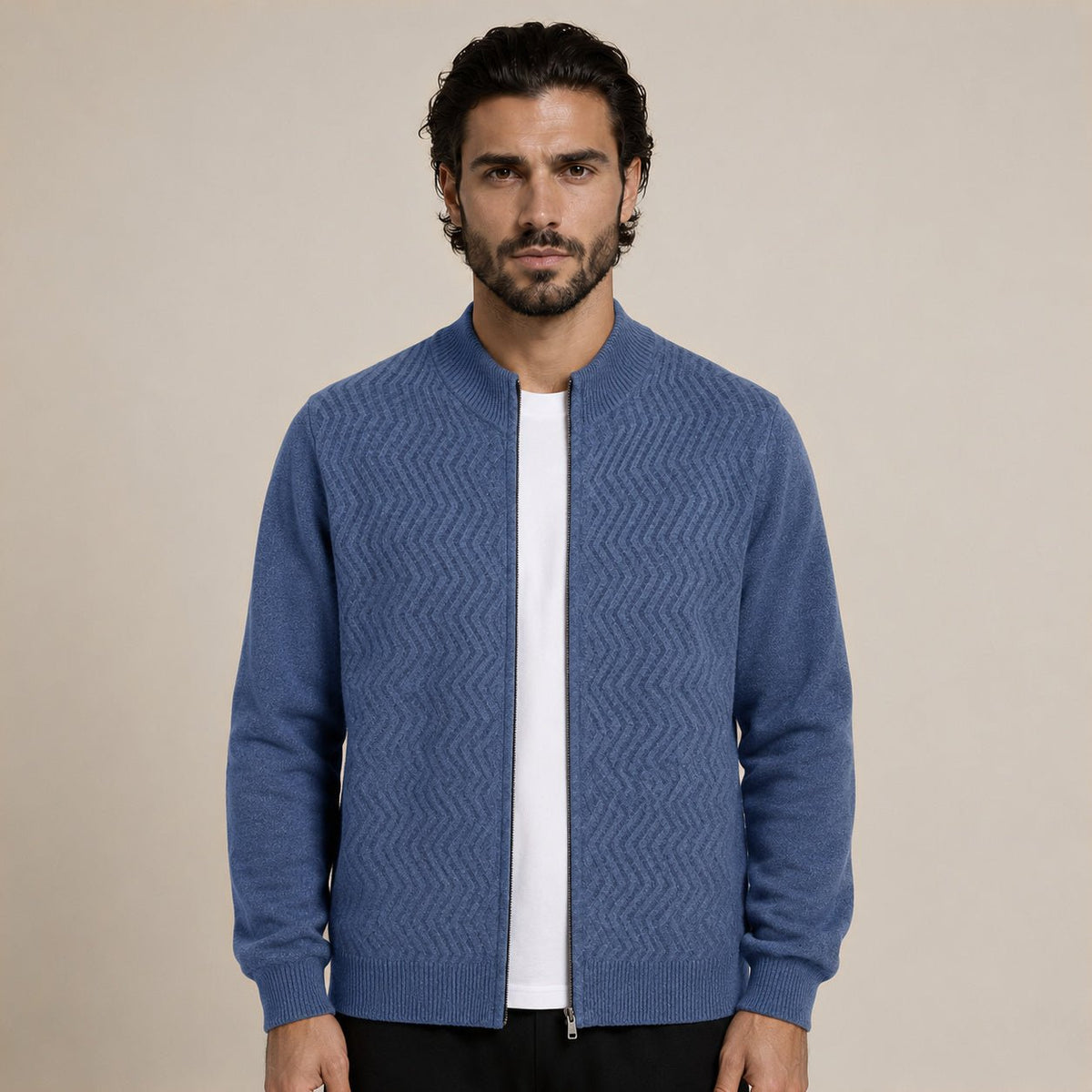 Textured Zip Wool Cardigan – Light Blue - ELORO