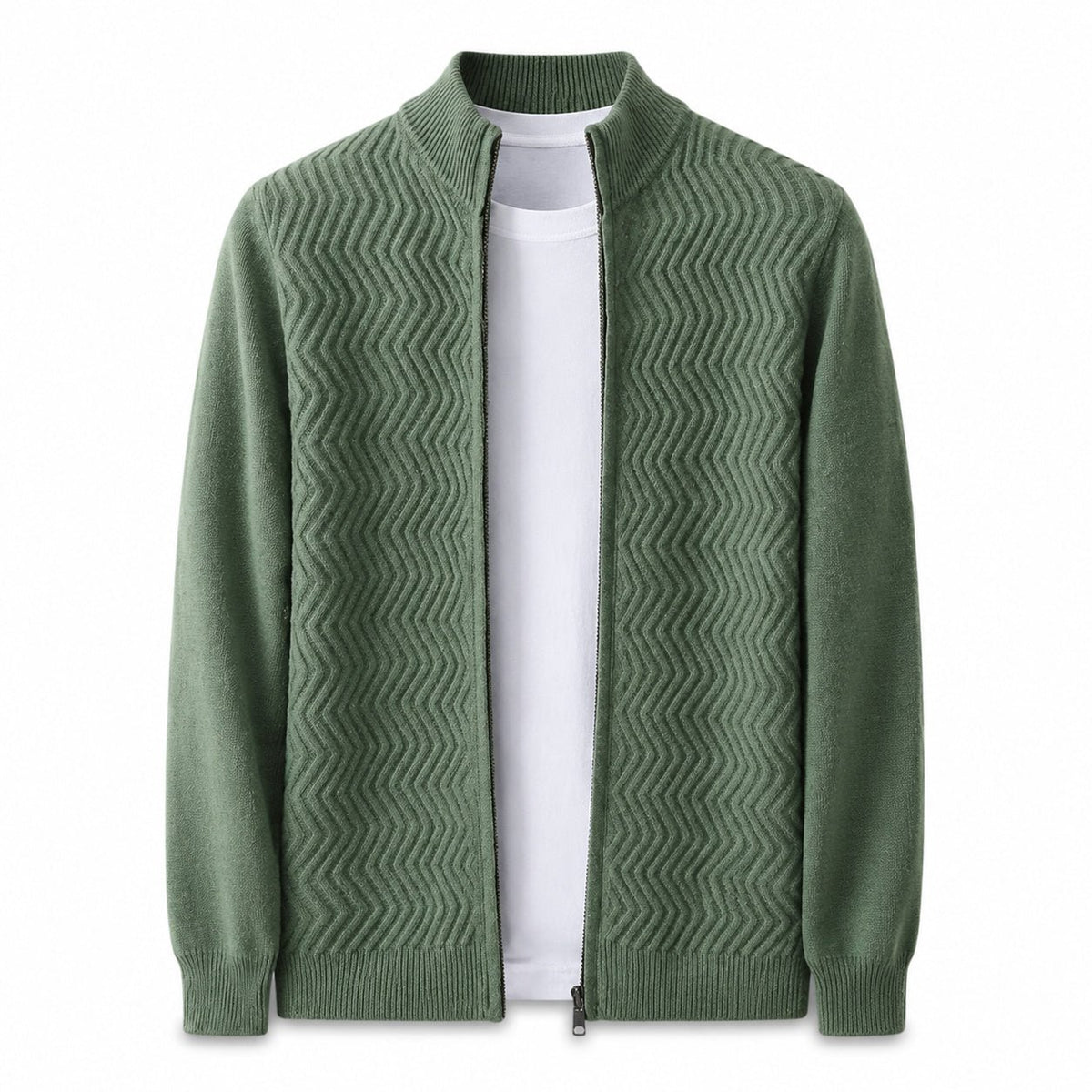 Textured Zip Wool Cardigan – Sage - ELORO