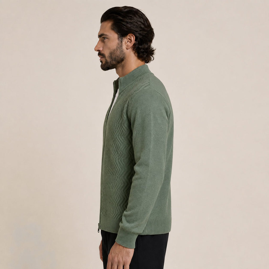 Textured Zip Wool Cardigan – Sage - ELORO
